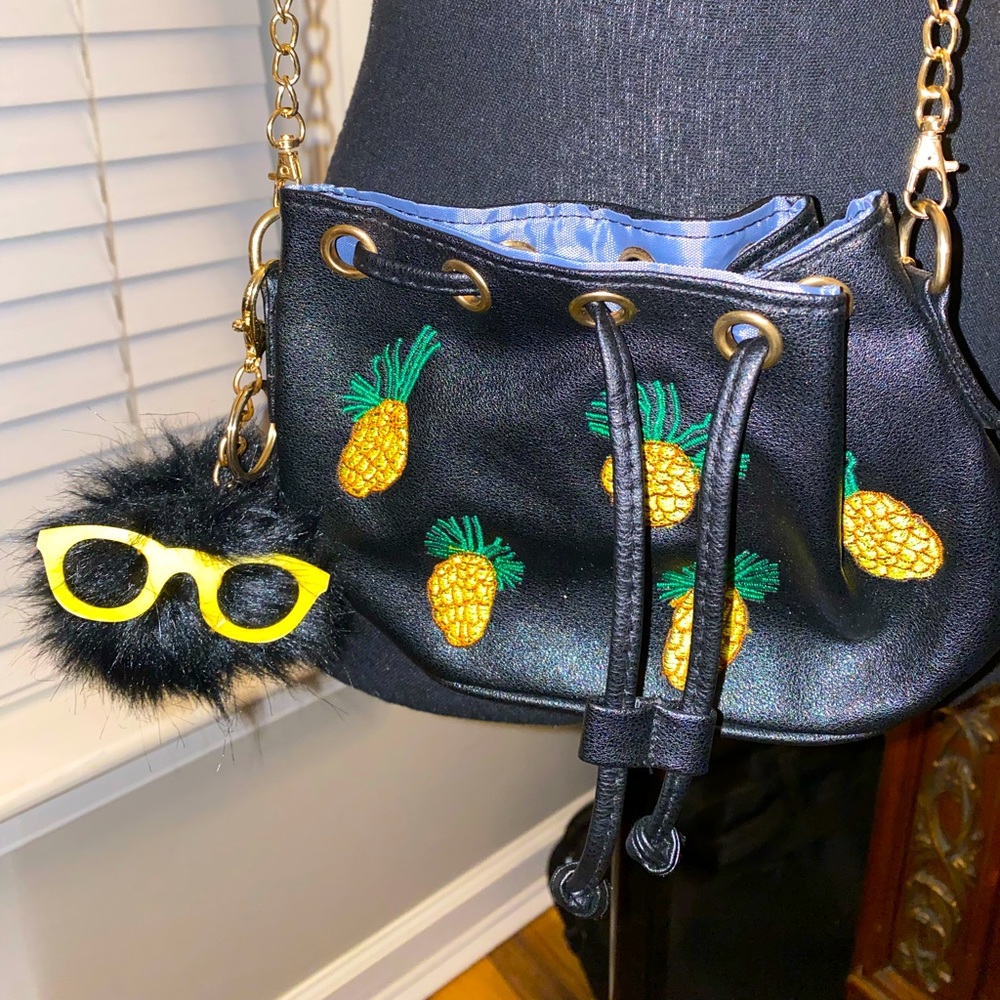 Black Shoulder Purse with Chain and Pineapple Print